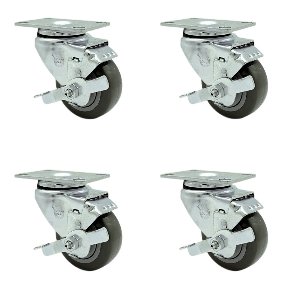 Tool Box Caster Wheel Set - 3.5 Inch Non-Marking, Maintenance Free Gray Polyurethane Wheels - Industrial Grade - 4 Swivel Casters with Top Lock Brakes - Service Caster Brand — photo 1