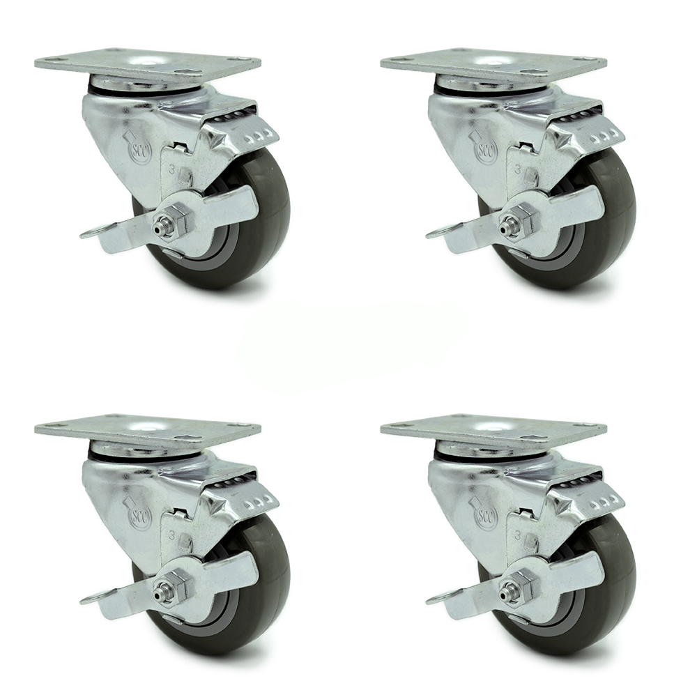 Swivel Caster Set of 4 with Brakes and 3.5 Inch Gray Polyurethane Wheel – 300 lbs. Capacity Per Caster – 3-1/8 Inch x 4-1/8 Inch Overall Top Plate–Service Caster Brand — photo 1