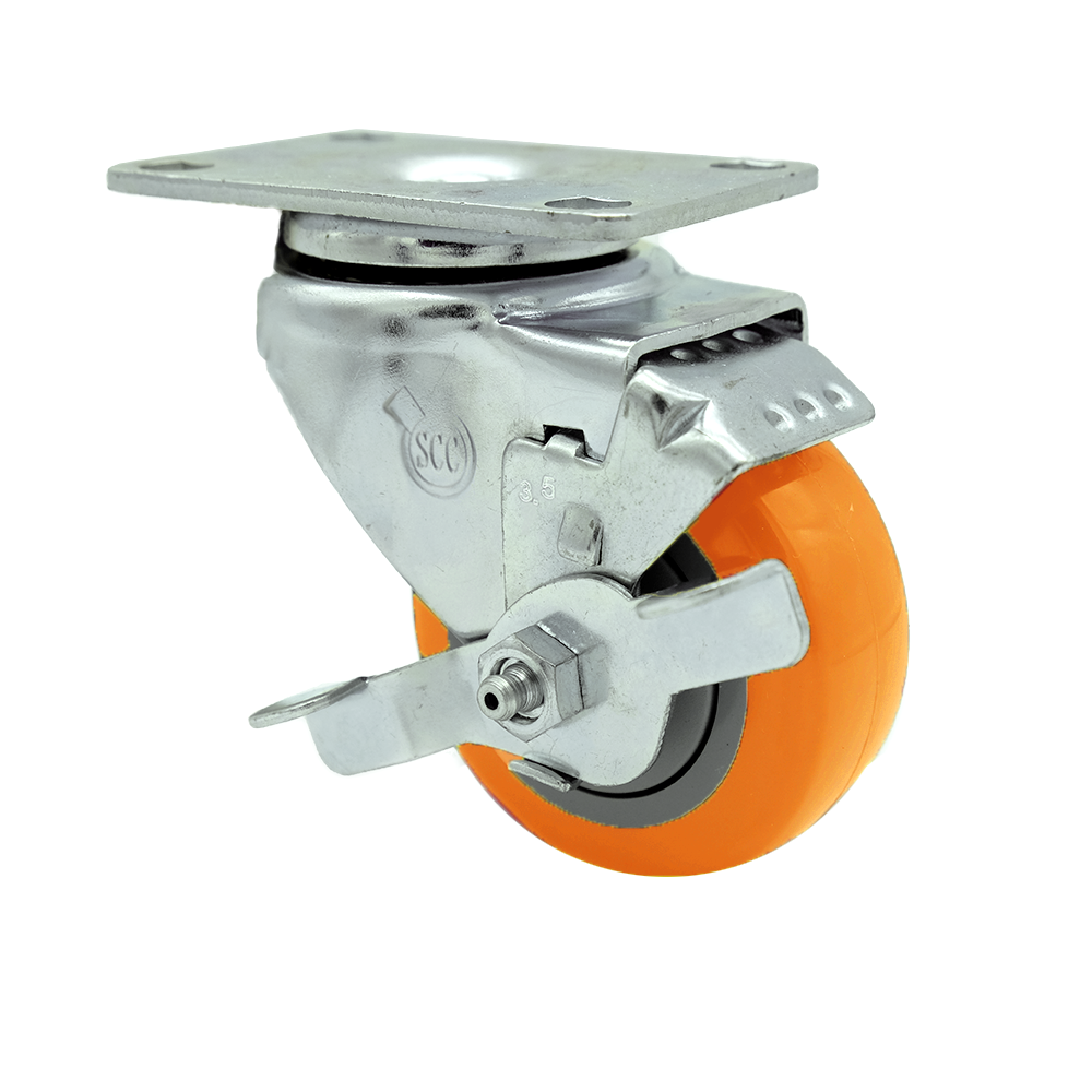 Polyurethane Swivel Top Plate Swivel Caster with 3.5 Inch Orange Wheel and Top Locking Brake - 300 lbs. Capacity Per Caster - Service Caster Brand — photo 1