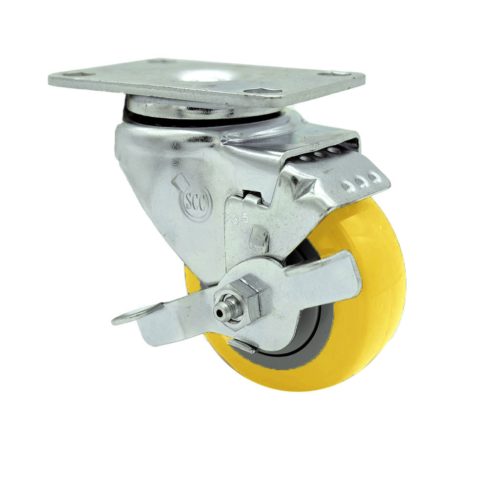 Polyurethane Swivel Top Plate Caster with 3.5 Inch Yellow Caster Wheel and Top Lock Brake - 316 Stainless Steel Caster - 300 lbs. Capacity Per Caster - Service Caster Brand — photo 1