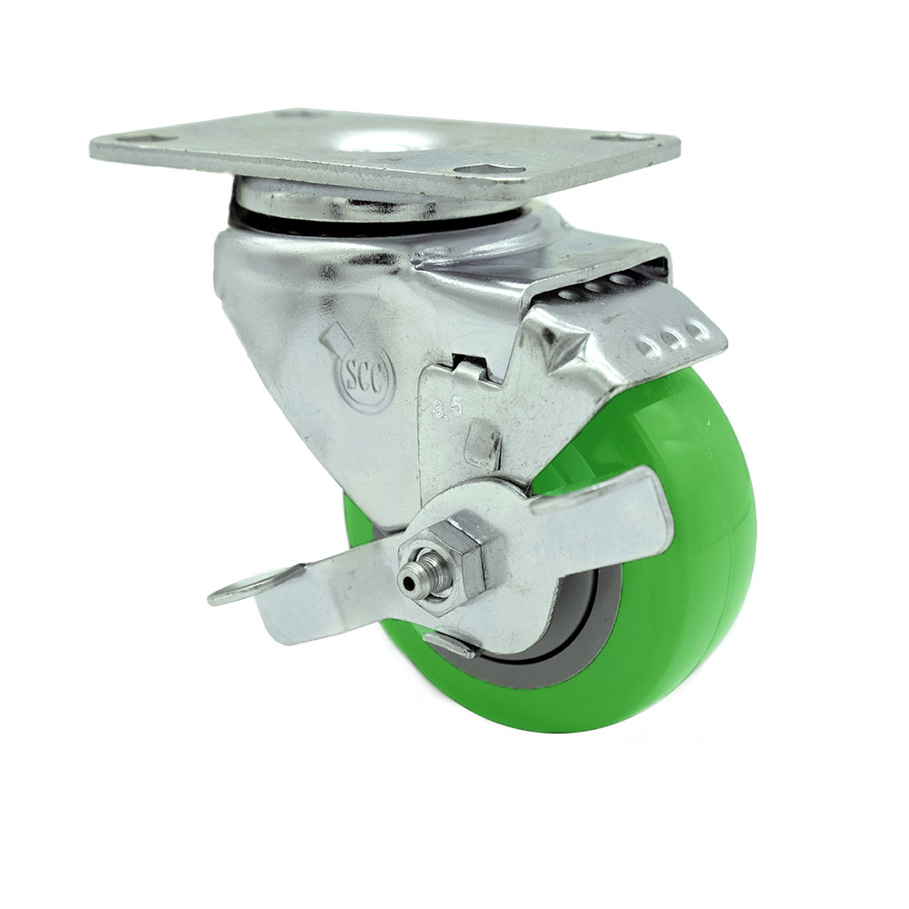 Swivel Caster with Top Lock Brake and 3.5 Inch Green Polyurethane Wheel – 300 lbs. Capacity Per Caster – 4 Inch x 4-1/2 Inch Overall Top Plate –Service Caster Brand — photo 1