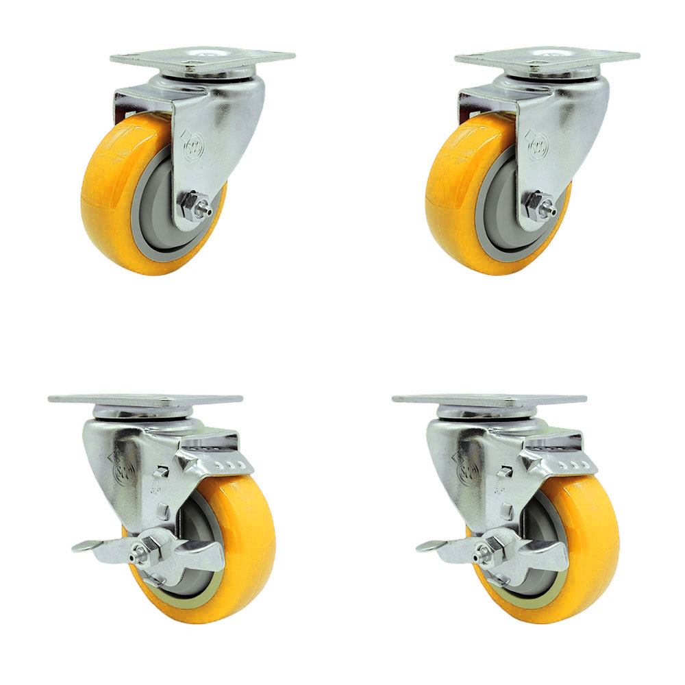 Polyurethane Swivel Top Plate Caster Set of 4 with 3.5 Inch Yellow Wheels - Includes 2 Swivel with Top Locking Brakes and 2 Swivel - 1200 lbs. Total Capacity - Service Caster Brand — photo 1