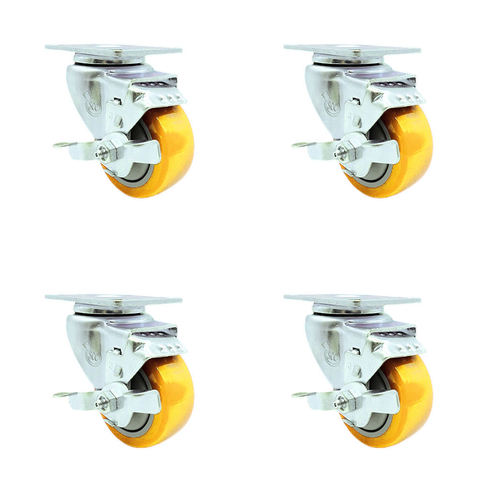 Polyurethane Swivel Top Plate Caster Set of 4 with 3.5 Inch Yellow Caster Wheels-316 Stainless Steel Casters-Includes 4 Swivel Casters with Top Lock Brake-1,200lbs. Total Capacity-Service Caster Brand — photo 1