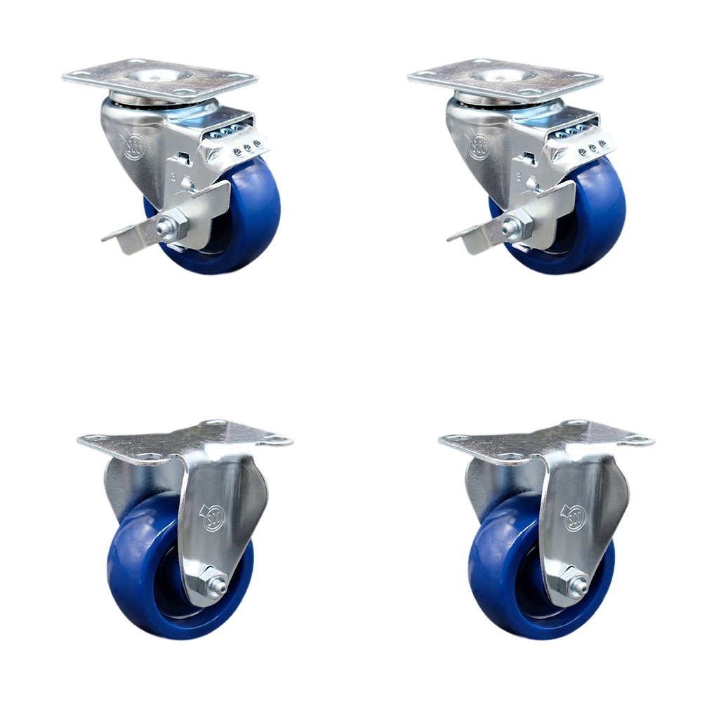 Swivel Caster Set of 4 with 2 Brakes and 2 Rigid - 3.5 Inch Solid Polyurethane Wheel – 300 lbs. Capacity Per Caster – 4 Inch x 4-1/2 Inch Overall Top Plate – Service Caster Brand — photo 1