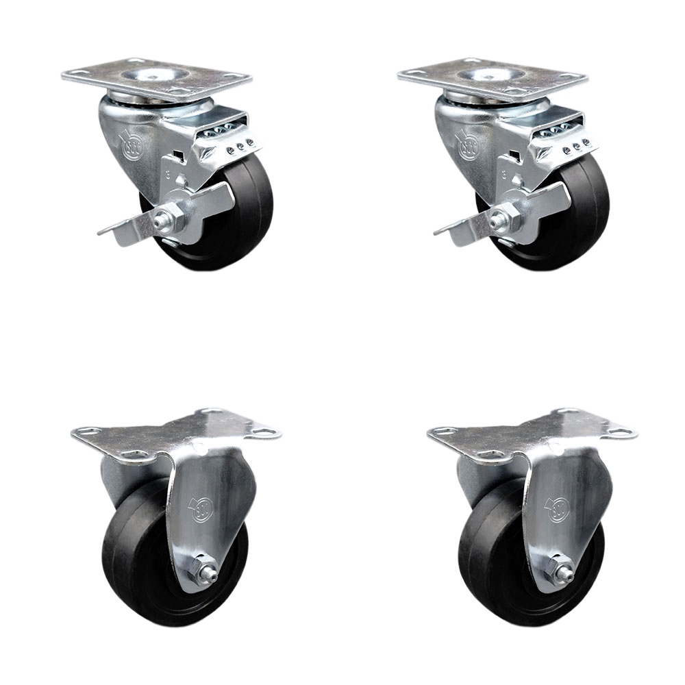 Swivel Caster Set of 4 with 2 Brakes and 2 Rigid - 3.5 Inch Soft Rubber Wheel – 200 lbs. Capacity Per Caster – 4 Inch x 4-1/2 Inch Overall Top Plate – Service Caster Brand — photo 1