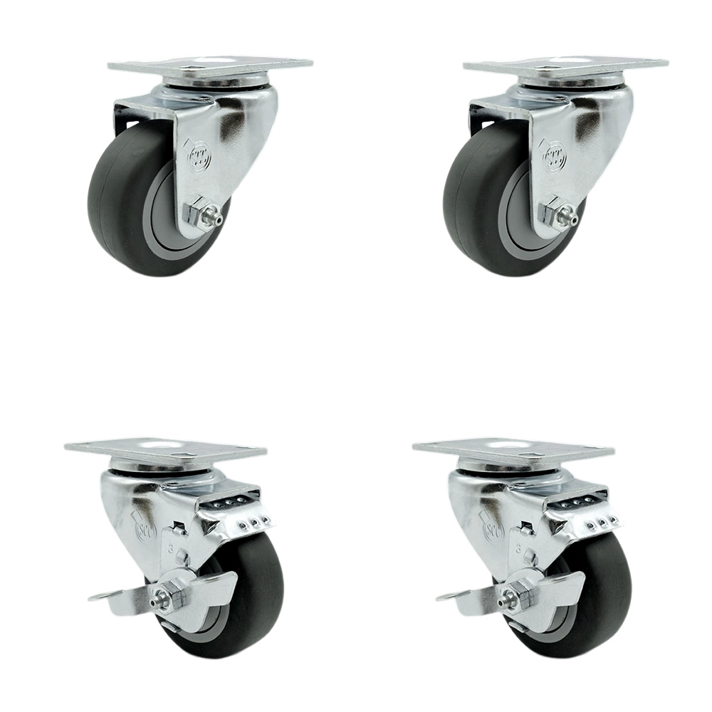 Swivel Caster Set of 4 with 2 Brakes - 3.5 Inch Thermoplastic Rubber Wheel – 230 lbs. Capacity Per Caster – 3-1/8 Inch x 4-1/8 Inch Overall Top Plate – Service Caster Brand — photo 1