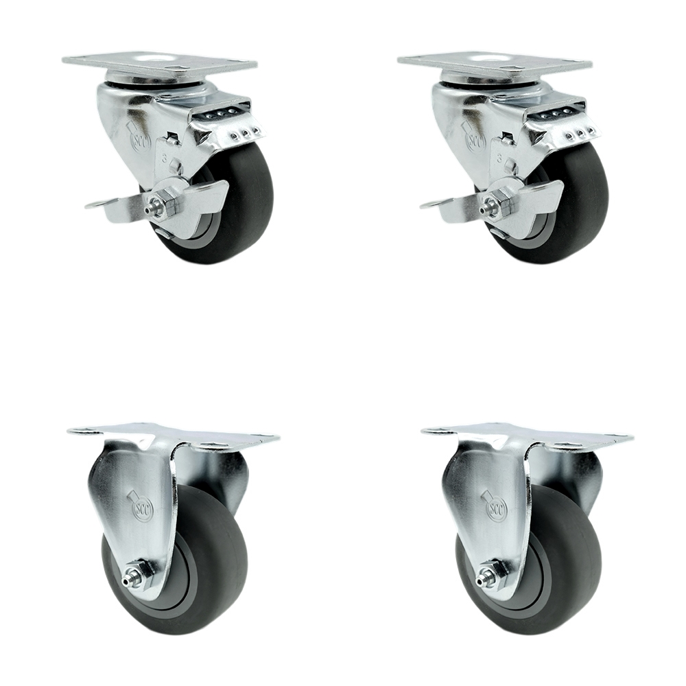 Thermoplastic Rubber Swivel Top Plate Caster Set of 4 with 3.5 Inch Gray Wheels - Includes 2 Swivel with Top Locking Brakes and 2 Rigid - 920 lbs. Total Capacity - Service Caster Brand — photo 1