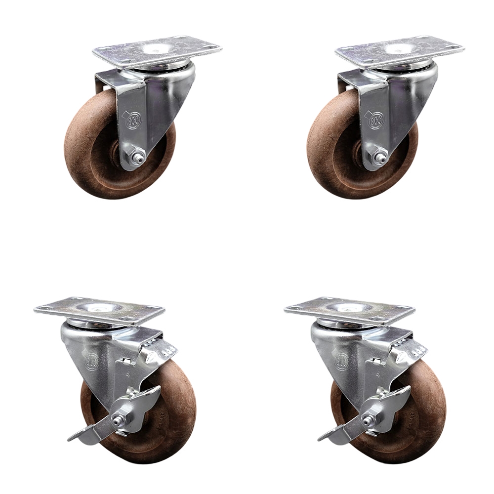High Temperature Swivel Caster Set of 4 with 2 Brakes - 4 Inch High Temperature Glass Filled Nylon Wheel – 350 lbs. Capacity Per Caster–4 Inch x 4-1/2 Inch Overall Top Plate–Service Caster Brand — photo 1
