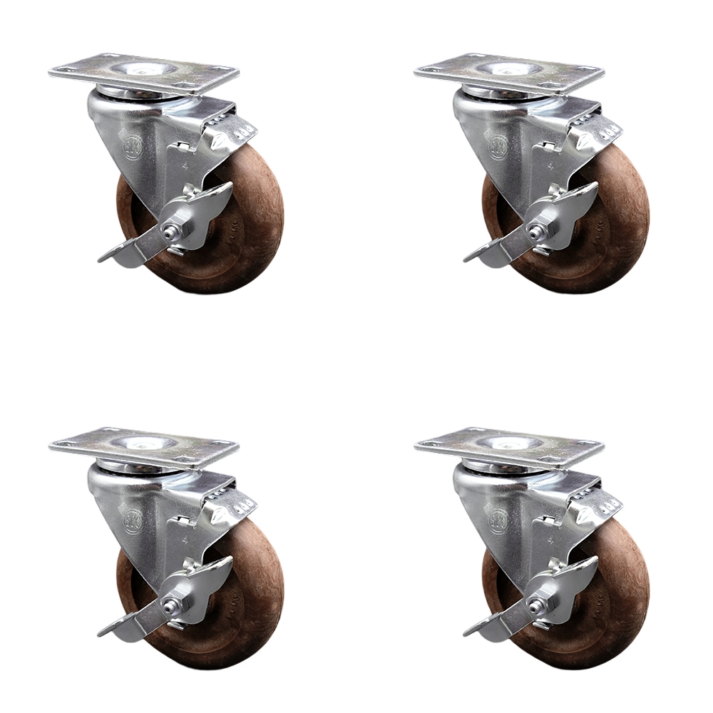 High Temperature Glass Filled Nylon Swivel Top Plate Caster Set of 4 with 4 Inch Brown Wheels - Includes 4 Swivel with Top Lock Brakes - 1400 lbs. Total Capacity - Service Caster Brand — photo 1