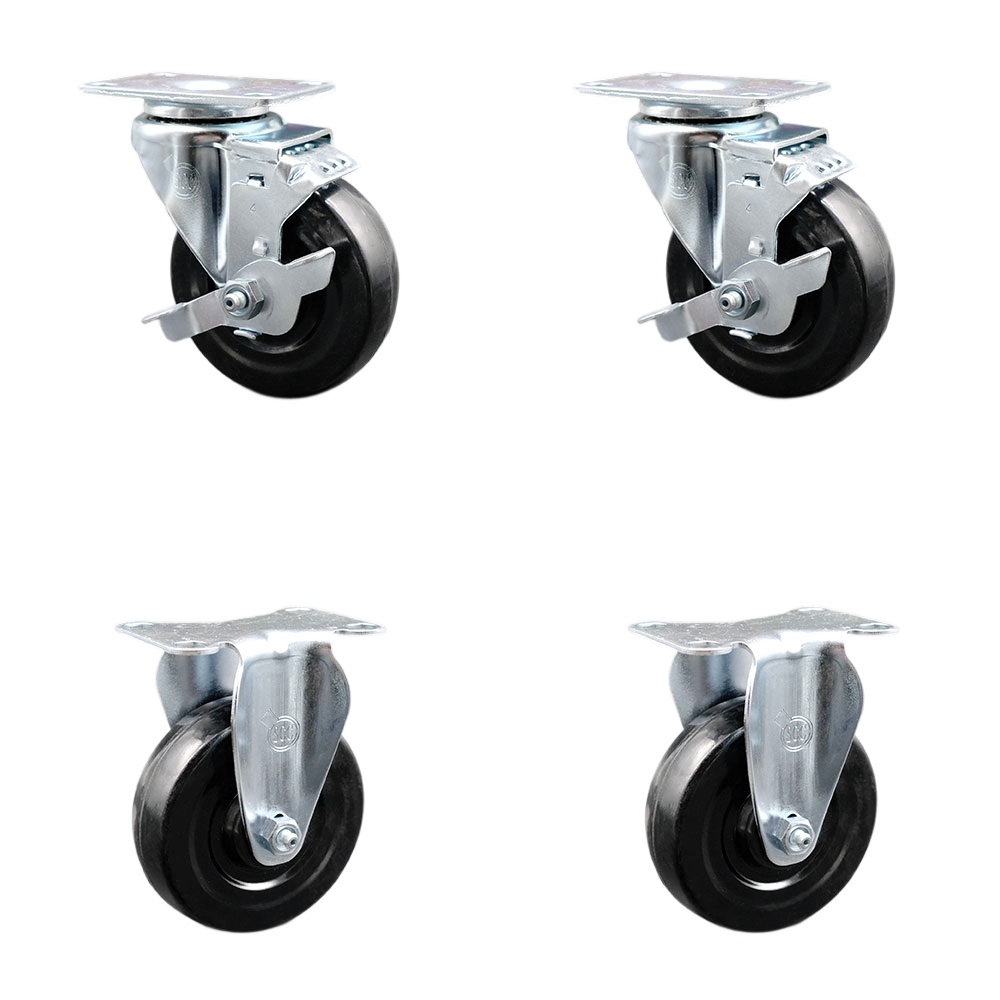 Hard Rubber Swivel Top Plate Caster Set of 4 with 4 Inch Black Wheels - Includes 2 Swivel with Top Locking Brakes and 2 Rigid - 1200 lbs. Total Capacity - Service Caster Brand — photo 1
