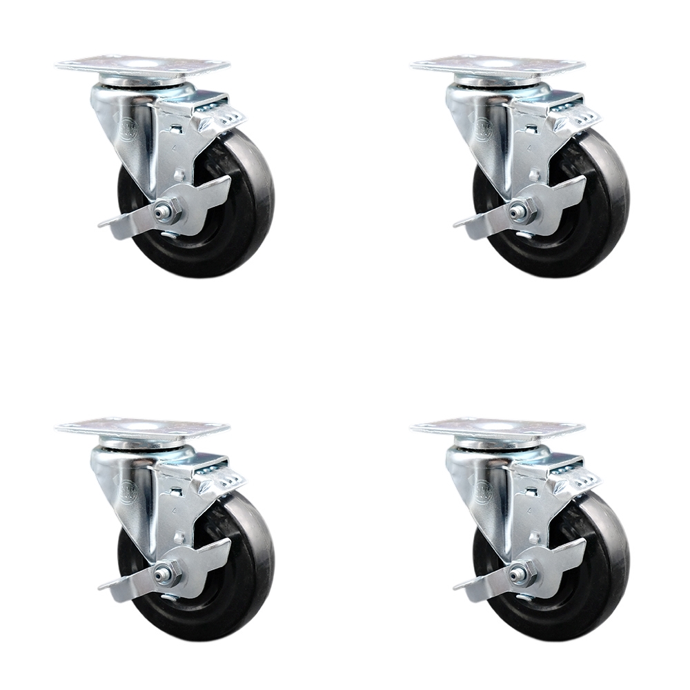 Hard Rubber Swivel Top Plate Caster Set of 4 with 4 Inch Black Wheels - Includes 4 Swivel with Top Lock Brakes - 1200 lbs. Total Capacity - Service Caster Brand — photo 1