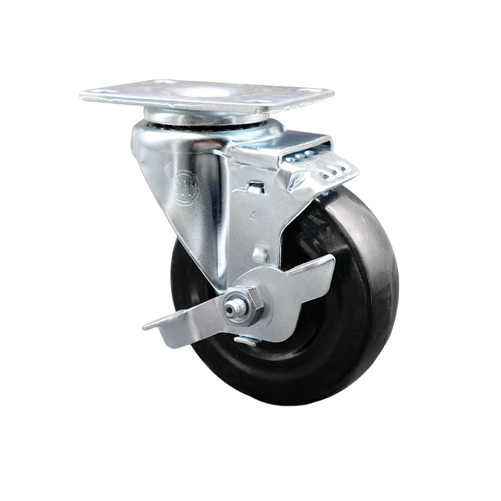 Swivel Caster with Top Lock Brake and 4 Inch Hard Rubber Wheel – 300 lbs. Capacity Per Caster – 3-1/8 Inch x 4-1/8 Inch Overall Top Plate –Service Caster Brand — photo 1