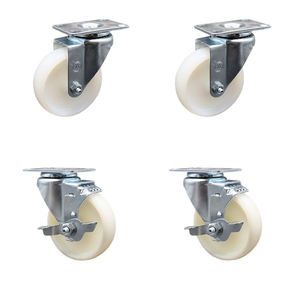 Nylon Swivel Top Plate Caster Set of 4 with 4 Inch White Wheels - Includes 2 Swivel with Top Locking Brakes and 2 Swivel - 1200 lbs. Total Capacity - Service Caster Brand — photo 1