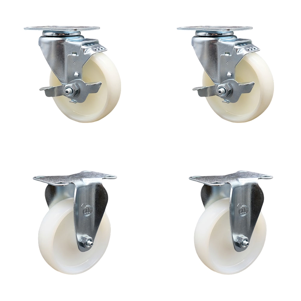 Nylon Swivel Top Plate Caster Set of 4 with 4 Inch White Wheels - Includes 2 Swivel with Top Locking Brakes and 2 Rigid - 1200 lbs. Total Capacity - Service Caster Brand — photo 1