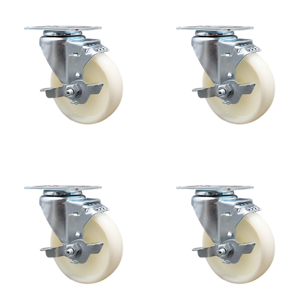 Swivel Caster Set of 4 with Brakes and 4 Inch Nylon Wheel – 300 lbs. Capacity Per Caster – 3-1/8 Inch x 4-1/8 Inch Overall Top Plate – Service Caster Brand — photo 1