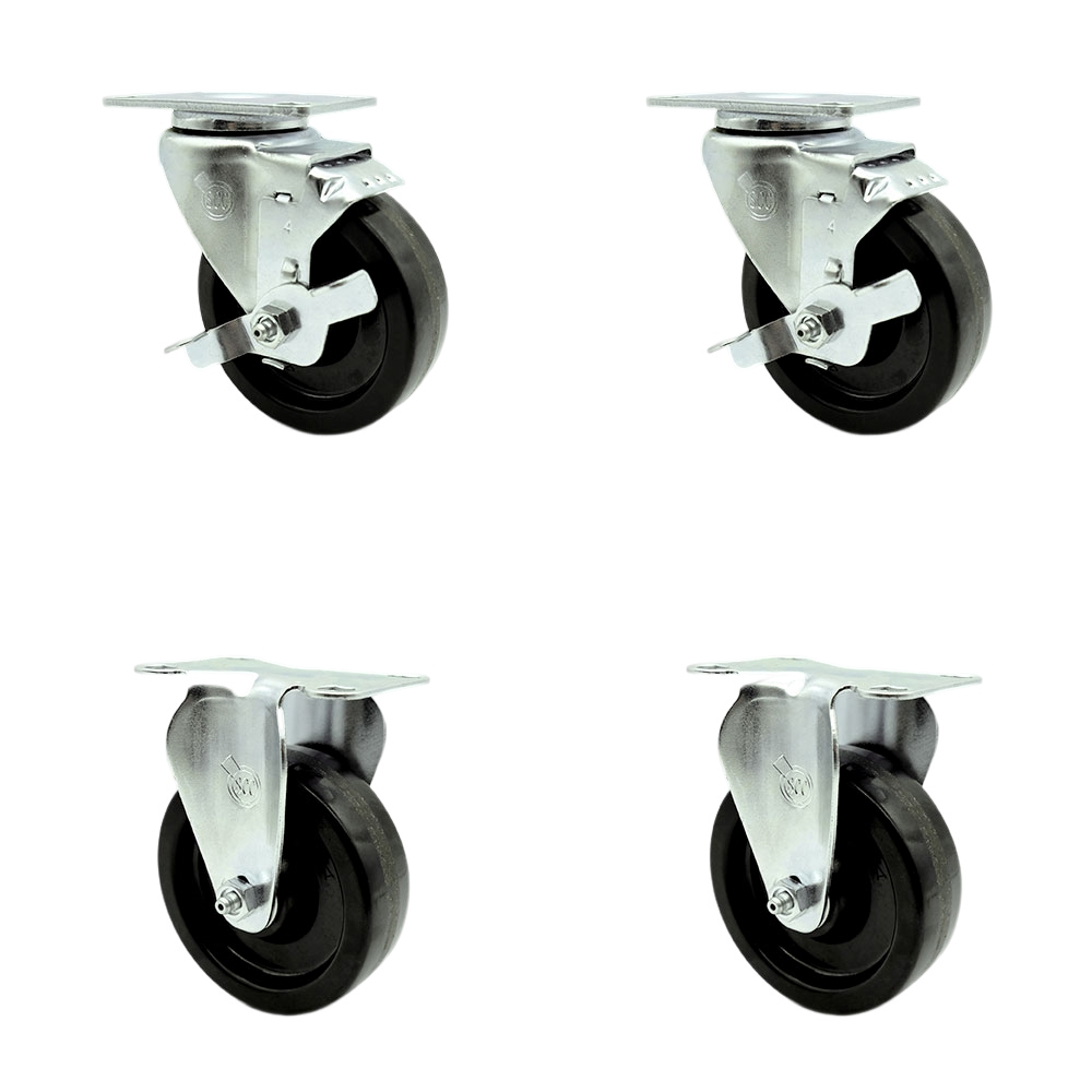 Phenolic Swivel Top Plate Caster Set of 4 with Roller Bearings - 4 Inch Wheels - Includes 2 Swivel with Top Locking Brakes and 2 Rigid-1200 lbs. Total Capacity - Service Caster Brand — photo 1