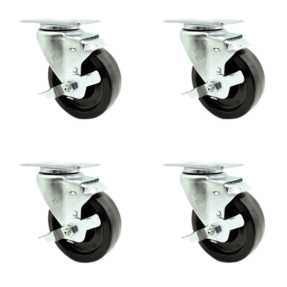 Phenolic Swivel Top Plate Caster Set of 4 with Roller Bearings - 4 Inch Black Wheels - Includes 4 Swivel with Top Lock Brakes - 1200 lbs. Total Capacity - Service Caster Brand — photo 1