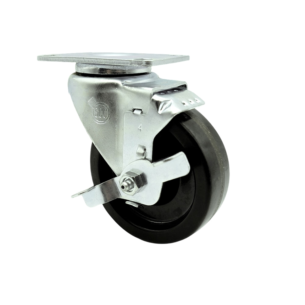 Phenolic Swivel Top Plate Swivel Caster with Roller Bearing - 4 Inch Black Wheel and Top Locking Brake - 300 lbs. Capacity Per Caster - Service Caster Brand — photo 1