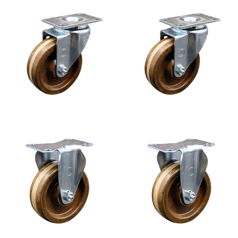 High Temperature Phenolic Swivel Top Plate Caster Set of 4 with Roller Bearings - 4 Inch Brown Wheels - Includes 2 Swivel and 2 Rigid - 1200 lbs. Total Capacity - Service Caster Brand — photo 1