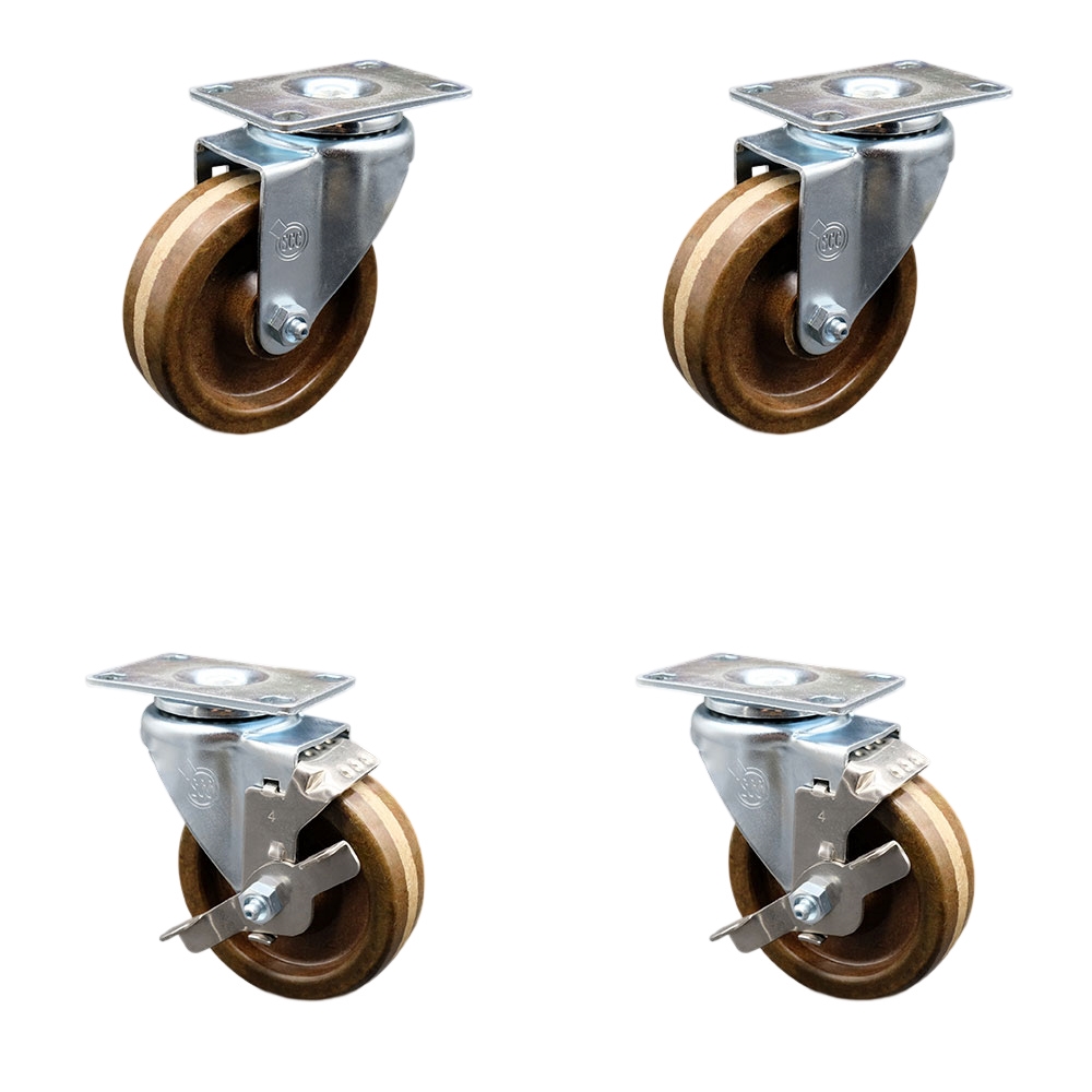 High Temperature Phenolic Swivel Top Plate Caster Set of 4 with Roller Bearings-4 Inch Brown Wheels-Includes 2 Swivel with Top Locking Brakes and 2 Swivel-1200 lbs. Total Capacity-Service Caster Brand — photo 1