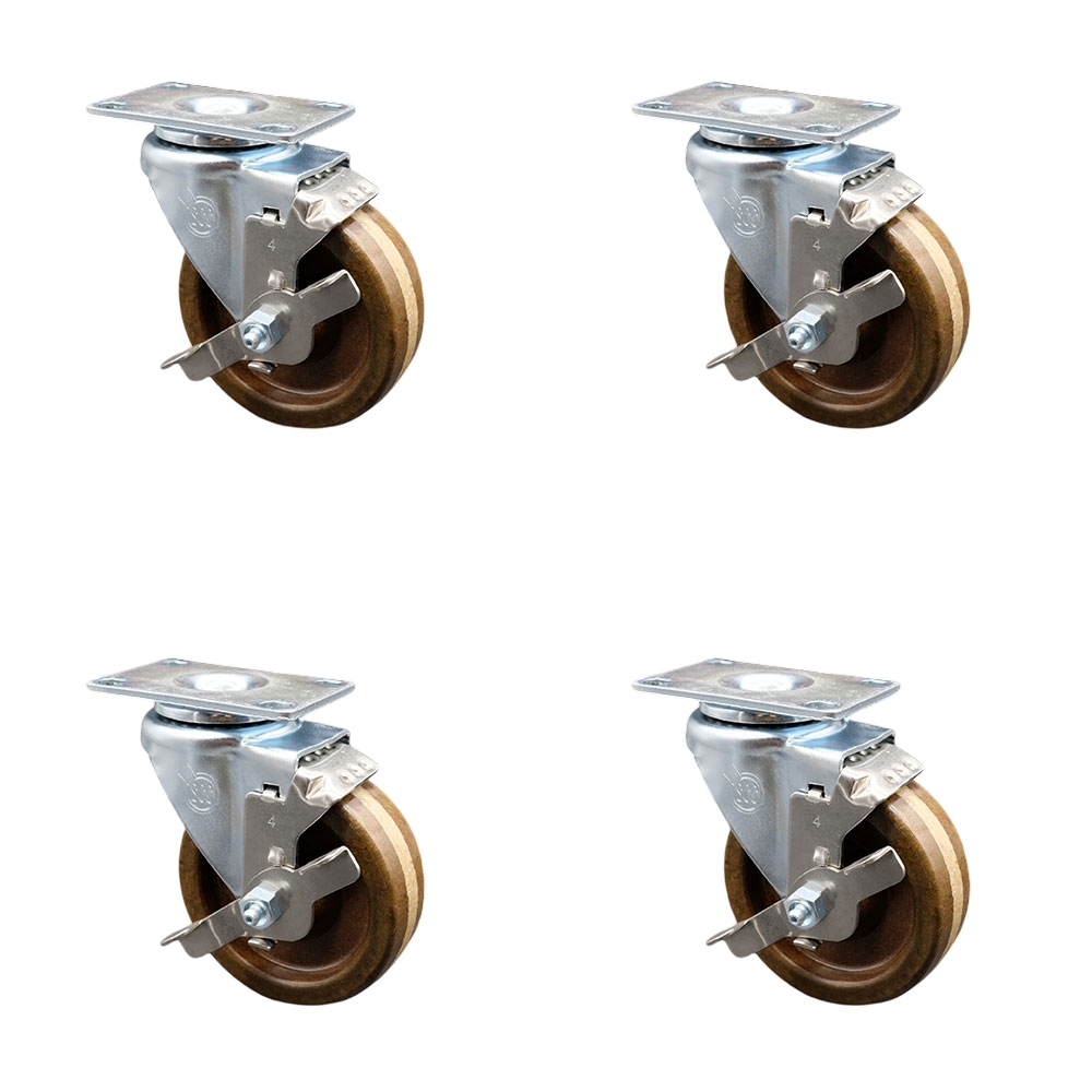 High Temperature Phenolic Swivel Top Plate Caster Set of 4 with Roller Bearings-4 Inch Wheels - Includes 4 Swivel with Top Lock Brakes-1200 lbs. Total Capacity - Service Caster Brand — photo 1