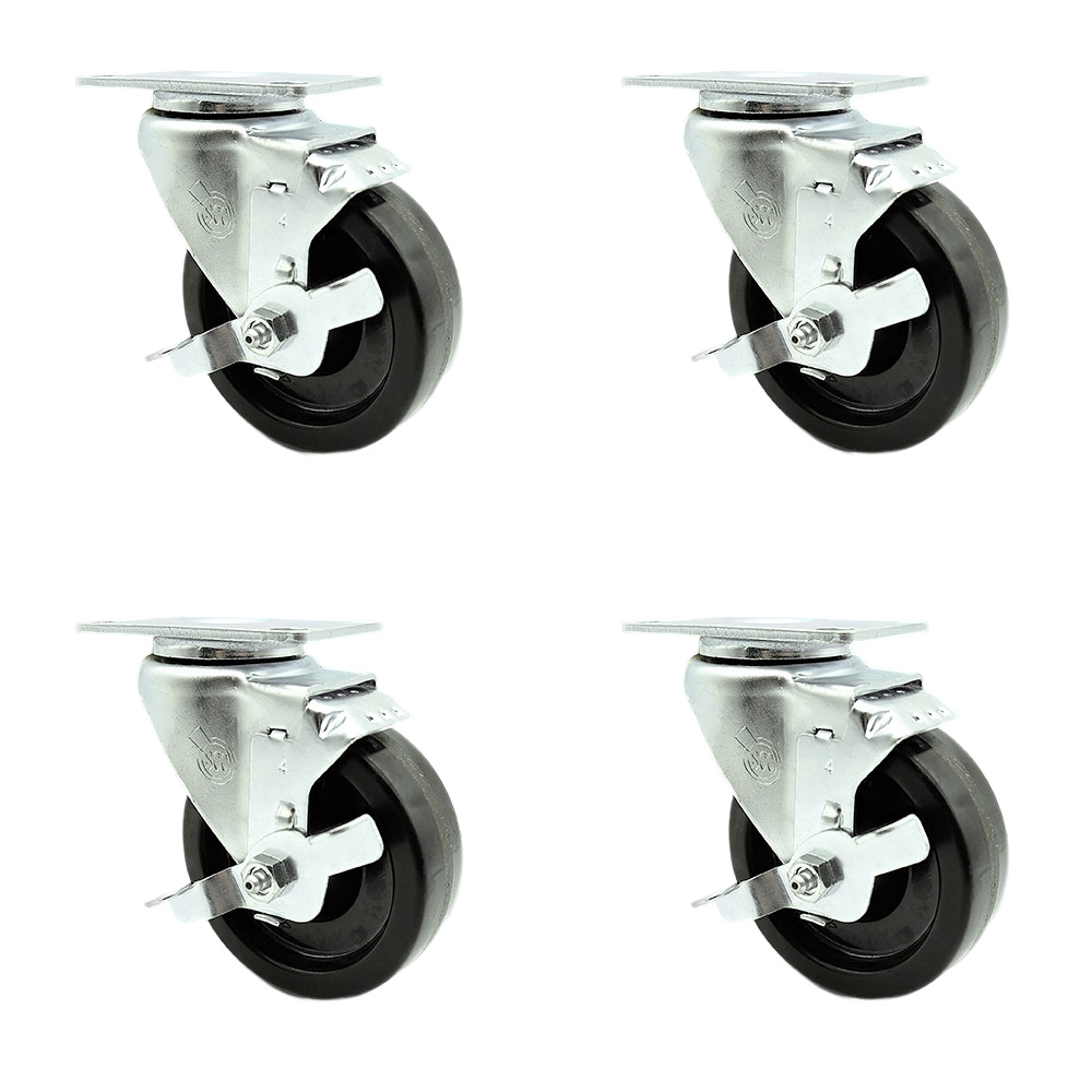Swivel Caster Set of 4 with Brakes and 4 Inch Phenolic Wheel with Roller Bearing – 300 lbs. Capacity Per Caster – 4 Inch x 4-1/2 Inch Overall Top Plate – Service Caster Brand — photo 1