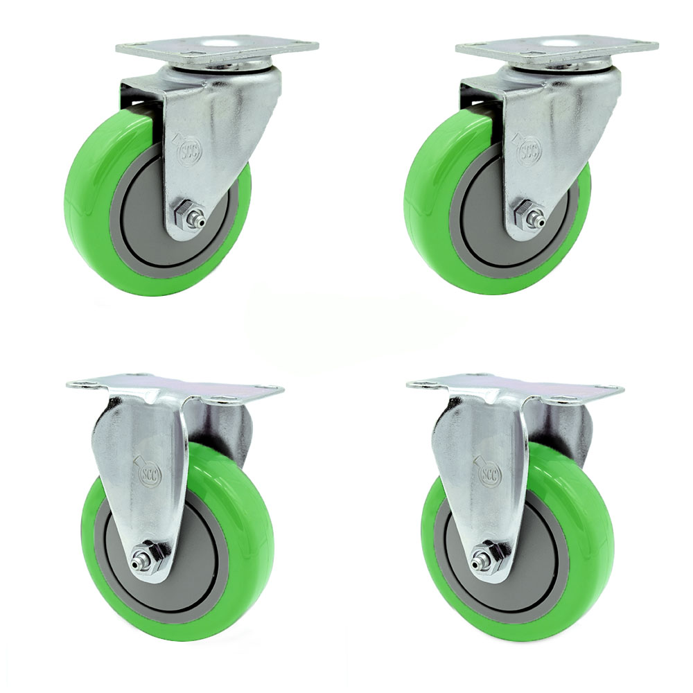 Swivel Caster Set of 4 with 2 Rigid Casters - 4 Inch Green Polyurethane Wheel – 350 lbs. Capacity Per Caster–4 Inch x 4-1/2 Inch Overall Top Plate–Service Caster Brand — photo 1