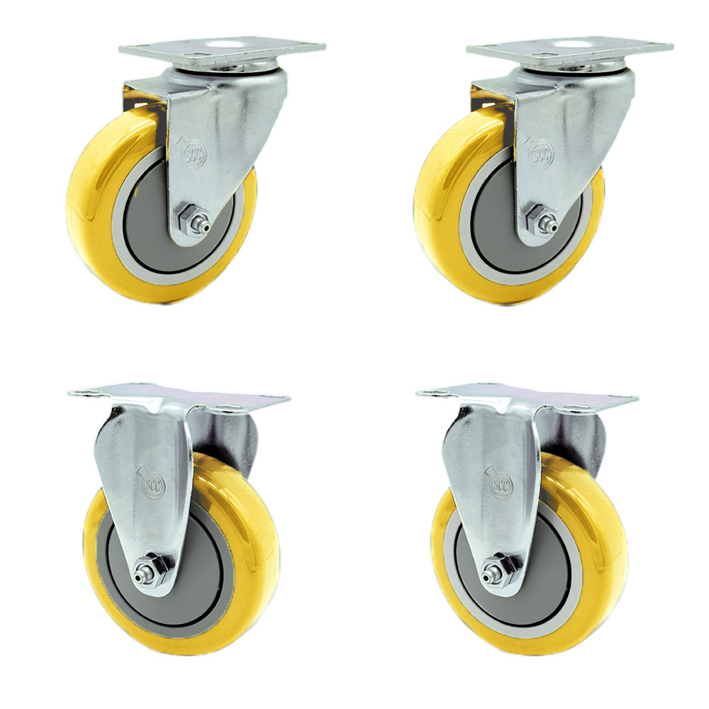 Polyurethane Swivel Top Plate Caster Set of 4 with 4 Inch Yellow Caster Wheels - 316 Stainless Steel Casters - Includes 2 Swivel Casters and 2 Rigid Casters - Service Caster Brand — photo 1