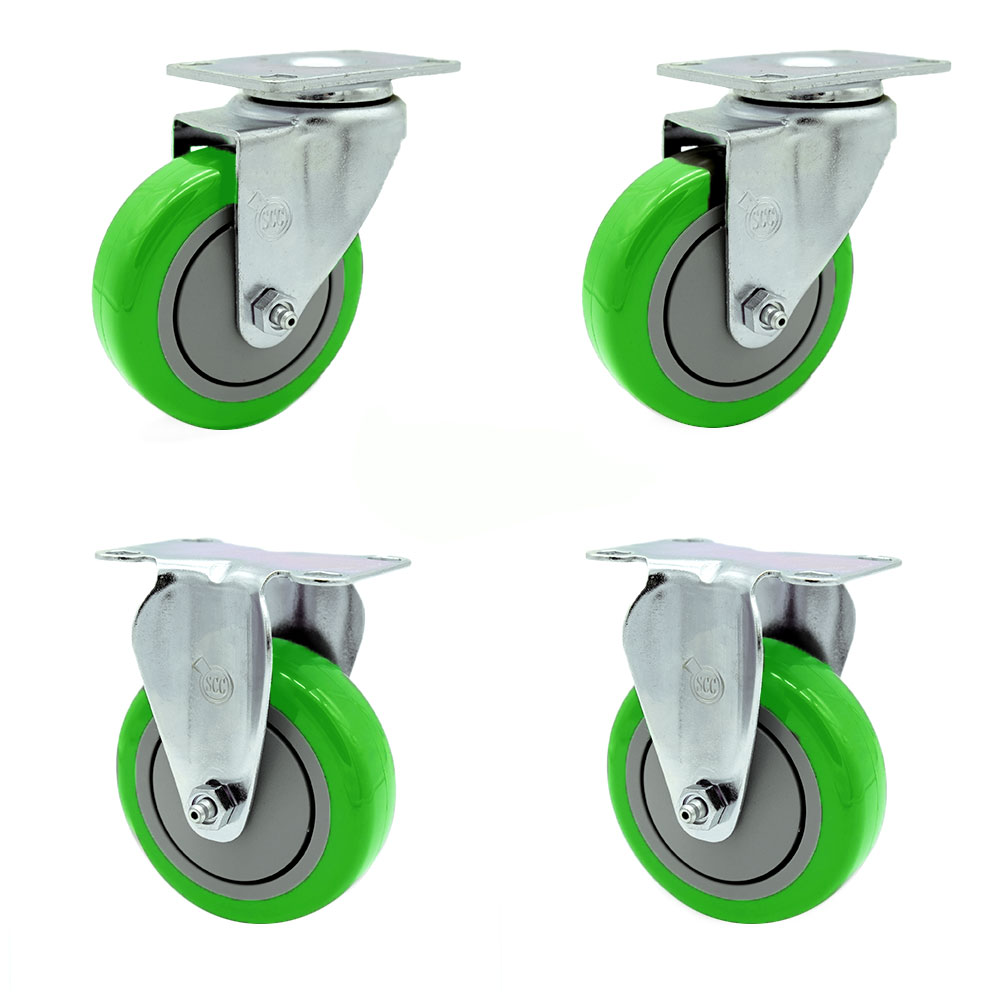 Swivel Caster Set of 4 with 2 Rigid Casters - 4 Inch Green Polyurethane Wheel – 350 lbs. Capacity Per Caster–3-1/8 Inch x 4-1/8 Inch Overall Top Plate–Service Caster Brand — photo 1