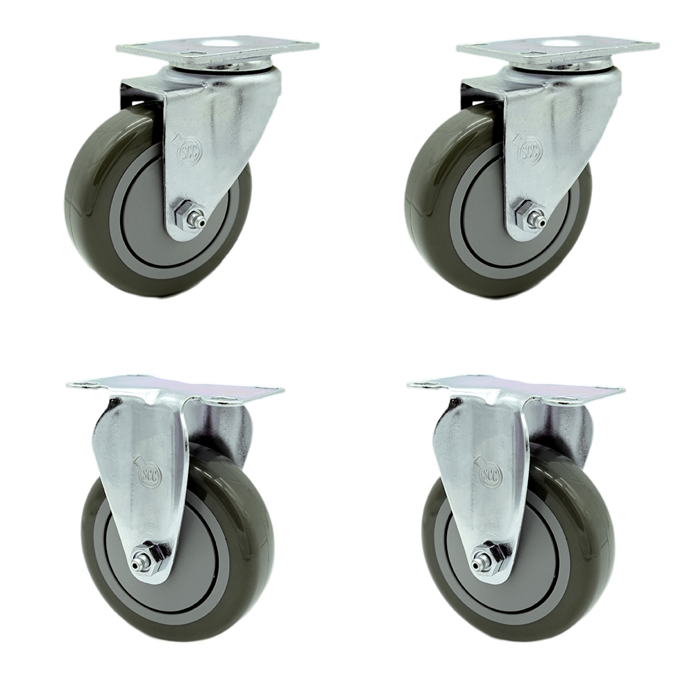 Polyurethane Swivel Top Plate Caster Set of 4 with 4 Inch Gray Wheels - Includes 2 Swivel and 2 Rigid - 1400 lbs. Total Capacity - Service Caster Brand — photo 1