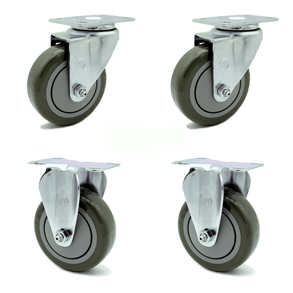 Swivel Caster Set of 4 with 2 Rigid Casters - 4 Inch Gray Polyurethane Wheel – 350 lbs. Capacity Per Caster–4 Inch x 4-1/2 Inch Overall Top Plate–Service Caster Brand — photo 1