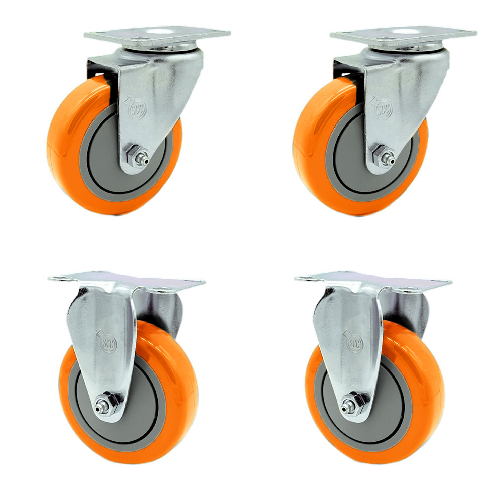 Stainless Steel Polyurethane Swivel Top Plate Caster Set of 4 w/4" x 1.25" Orange Wheels - Includes 2 Swivel & 2 Rigid - 1400 lbs Total Capacity - Service Caster Brand — photo 1