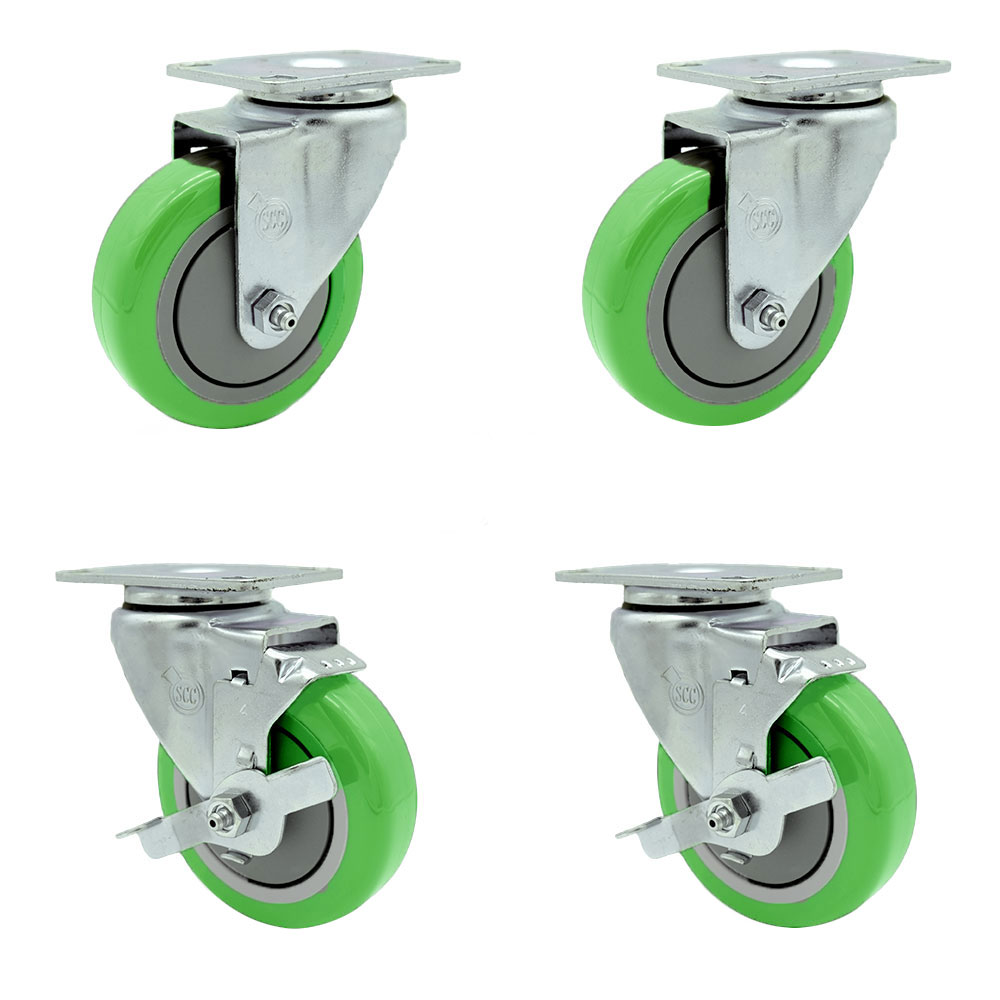 Swivel Caster Set of 4 with 2 Brakes - 4 Inch Green Polyurethane Wheel – 350 lbs. Capacity Per Caster – 4 Inch x 4-1/2 Inch Overall Top Plate – Service Caster Brand — photo 1