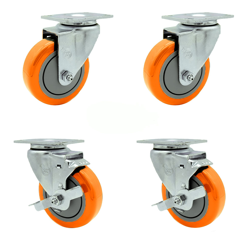 Swivel Caster Set of 4 with 2 Brakes - 4 Inch Orange Polyurethane Wheel – 350 lbs. Capacity Per Caster – 3-1/8 Inch x 4-1/8 Inch Overall Top Plate – Service Caster Brand — photo 1