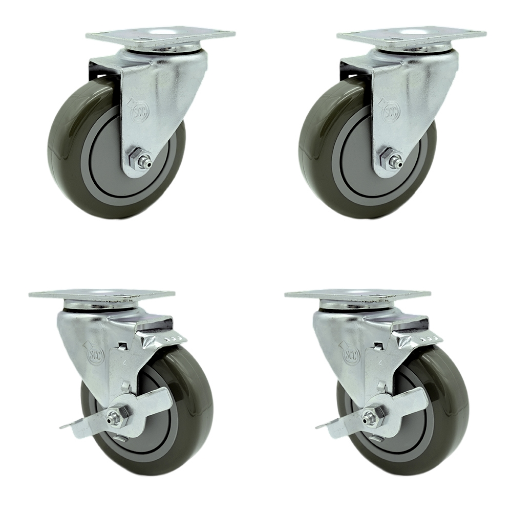 Regency 600CSW415 600CSW415WB U-Boat Utility Cart Casters – 4 Inch Gray Polyurethane Wheel -  Replacement Set - Includes 2 Swivel and 2 Swivel with Brakes - Set of 4 - Service Caster Brand — photo 1