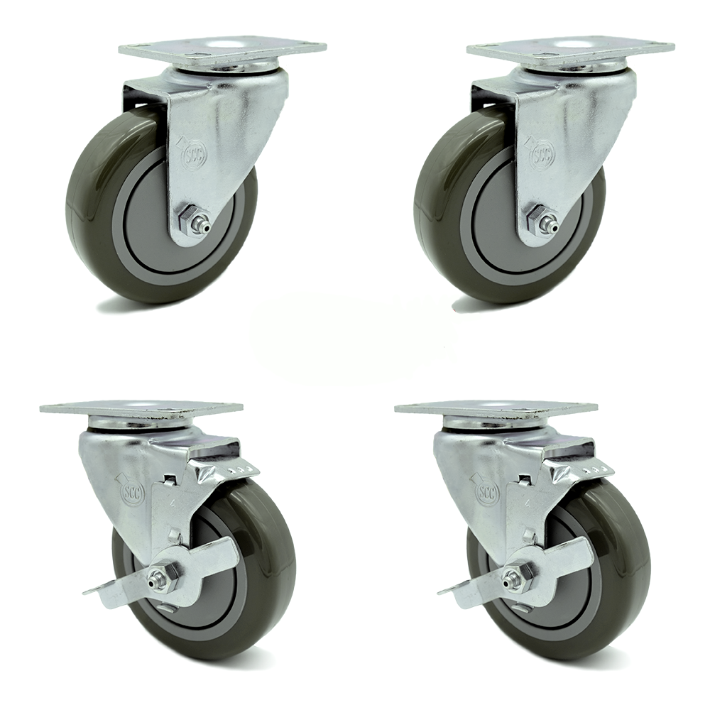 Swivel Caster Set of 4 with 2 Brakes - 4 Inch Gray Polyurethane Wheel – 350 lbs. Capacity Per Caster – 4 Inch x 4-1/2 Inch Overall Top Plate – Service Caster Brand — photo 1