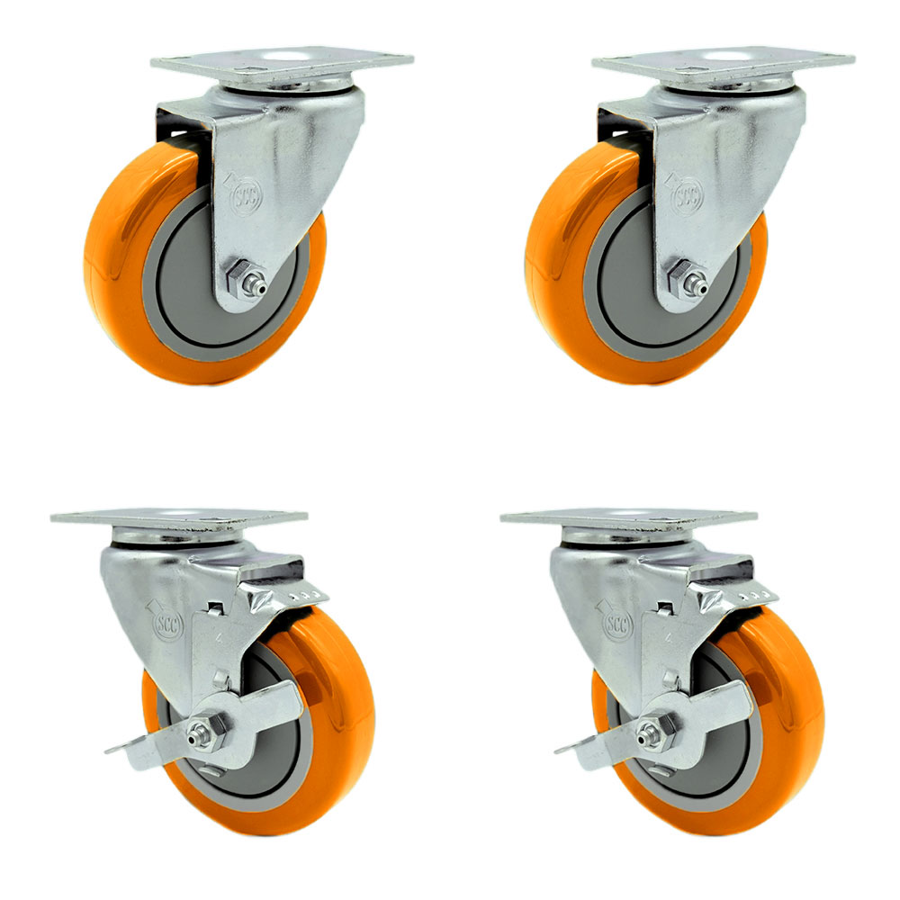 Stainless Steel Polyurethane Swivel Top Plate Caster Set of 4 w/4" x 1.25" Orange Wheels - Includes 2 Swivel with Top Locking Brakes & 2 Swivel - 1400 lbs Total Capacity - Service Caster Brand — photo 1