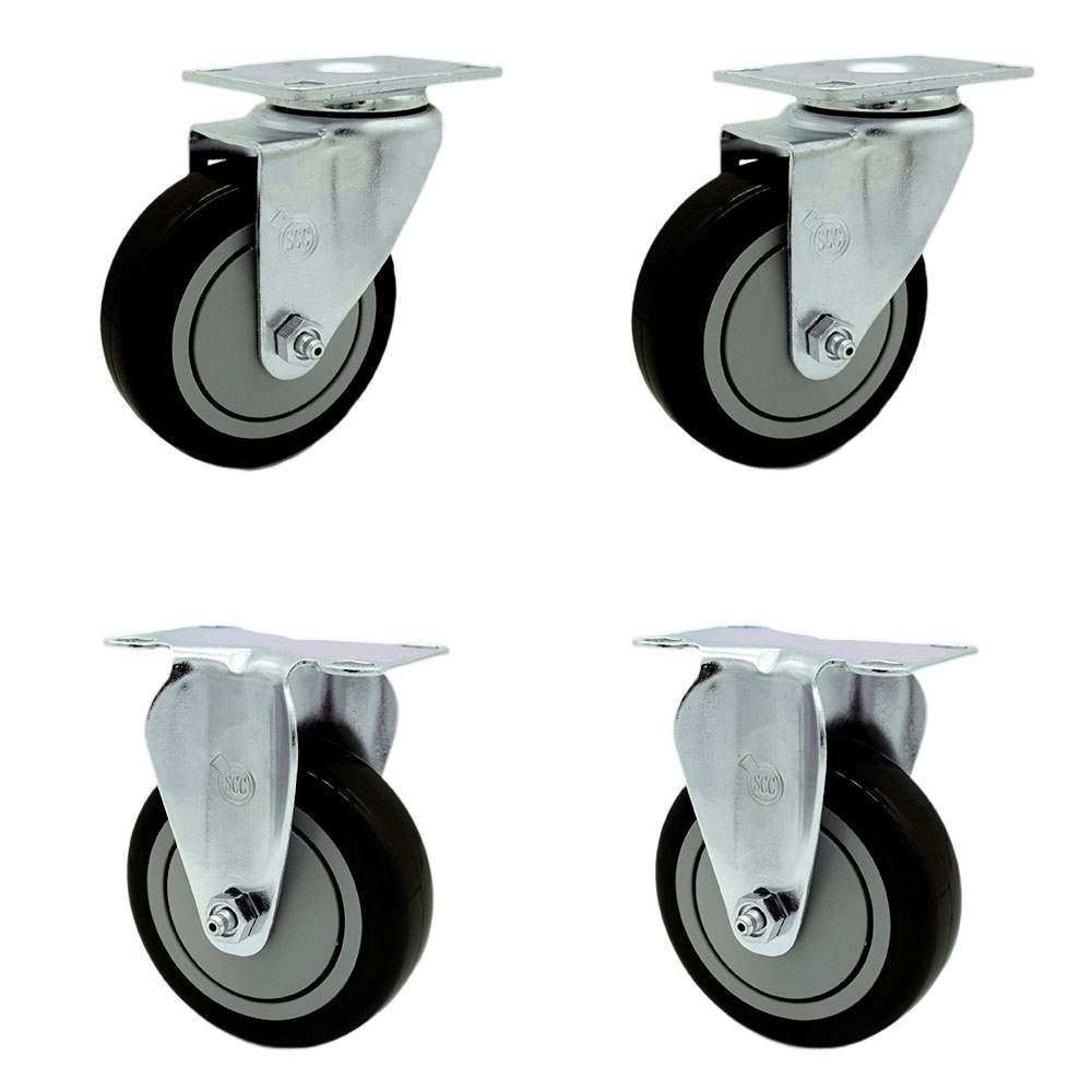Swivel Caster Set of 4 with 2 Rigid Casters - 4 Inch Black Polyurethane Wheel – 350 lbs. Capacity Per Caster–4 Inch x 4-1/2 Inch Overall Top Plate–Service Caster Brand — photo 1