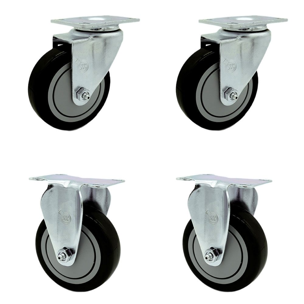 Polyurethane Swivel Top Plate Caster Set of 4 with 4 Inch Black Wheels - Includes 2 Swivel and 2 Rigid - 1400 lbs. Total Capacity - Service Caster Brand — photo 1