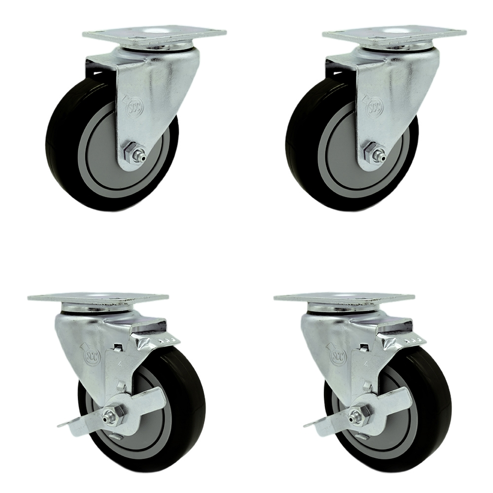 Swivel Caster Set of 4 with 2 Brakes - 4 Inch Black Polyurethane Wheel – 350 lbs. Capacity Per Caster – 4 Inch x 4-1/2 Inch Overall Top Plate – Service Caster Brand — photo 1