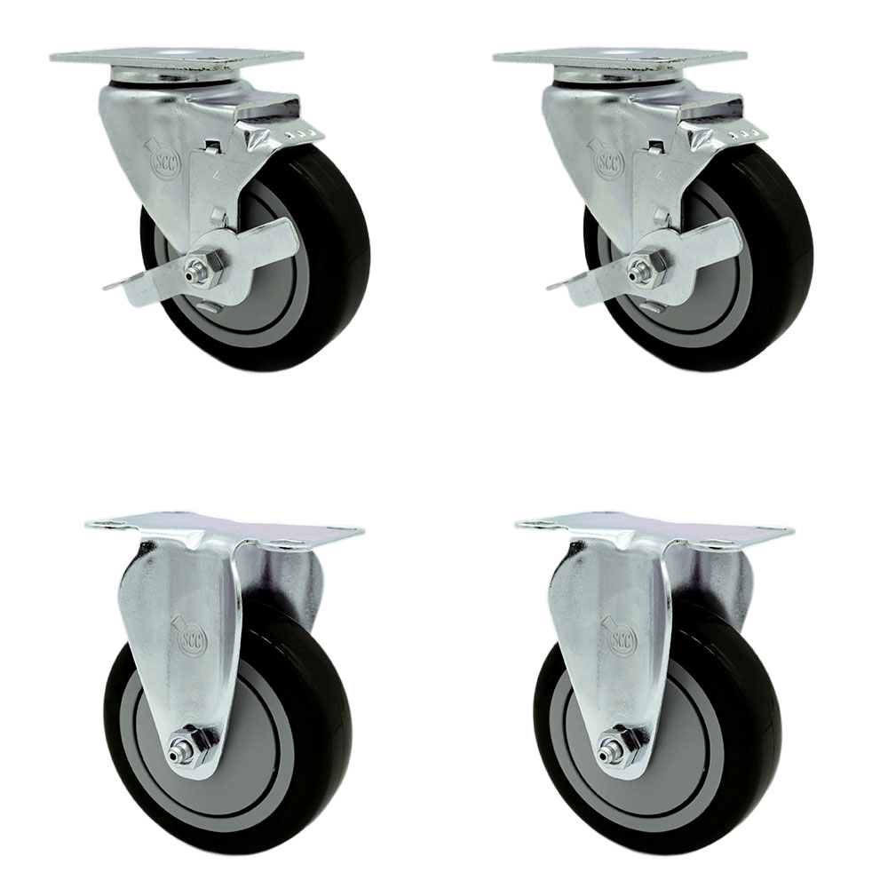 Swivel Caster Set of 4 with 2 Brakes and 2 Rigid - 4 Inch Black Polyurethane Wheel – 350 lbs. Capacity Per Caster – 3-1/8 Inch x 4-1/8 Inch Overall Top Plate – Service Caster Brand — photo 1