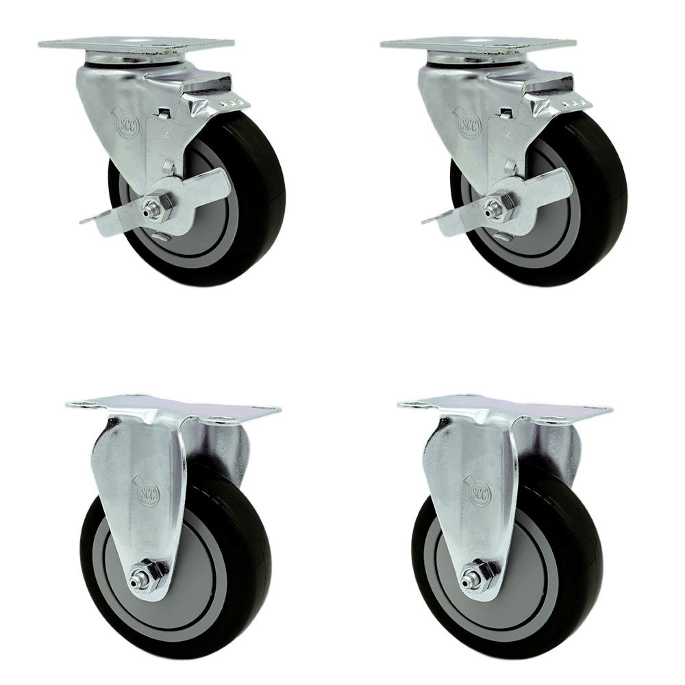 Polyurethane Swivel Top Plate Caster Set of 4 with 4 Inch Black Wheels - Includes 2 Swivel with Top Locking Brakes and 2 Rigid - 1400 lbs. Total Capacity - Service Caster Brand — photo 1
