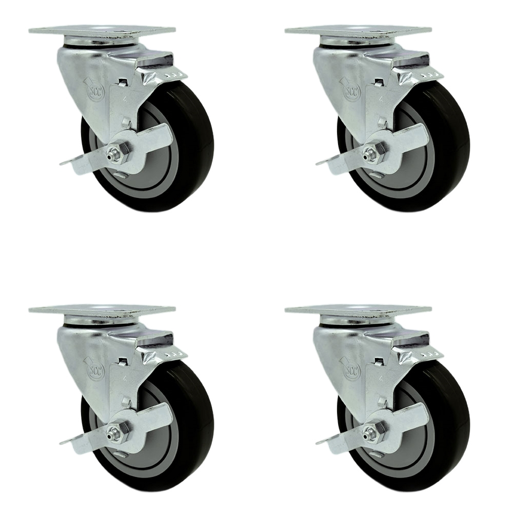 Regency 600CSW415WB U-Boat Utility Cart Replacement Caster Set – 4 Inch Black Poly Wheel - Includes 4 Swivel Casters with Brakes - Set of 4 - Service Caster Brand — photo 1