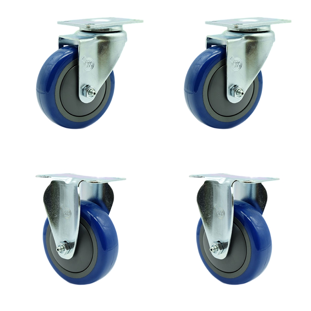 Swivel Caster Set of 4 with 2 Rigid Casters - 4 Inch Blue Polyurethane Wheel – 350 lbs. Capacity Per Caster–4 Inch x 4-1/2 Inch Overall Top Plate–Service Caster Brand — photo 1