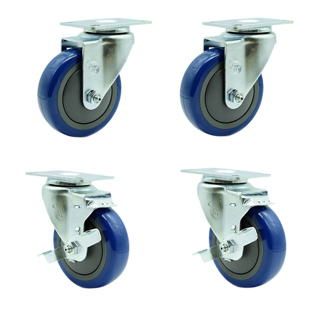 Polyurethane Swivel Top Plate Caster Set of 4 with 4 Inch Blue Wheels - Includes 2 Swivel with Top Locking Brakes and 2 Swivel - 1400 lbs. Total Capacity - Service Caster Brand — photo 1