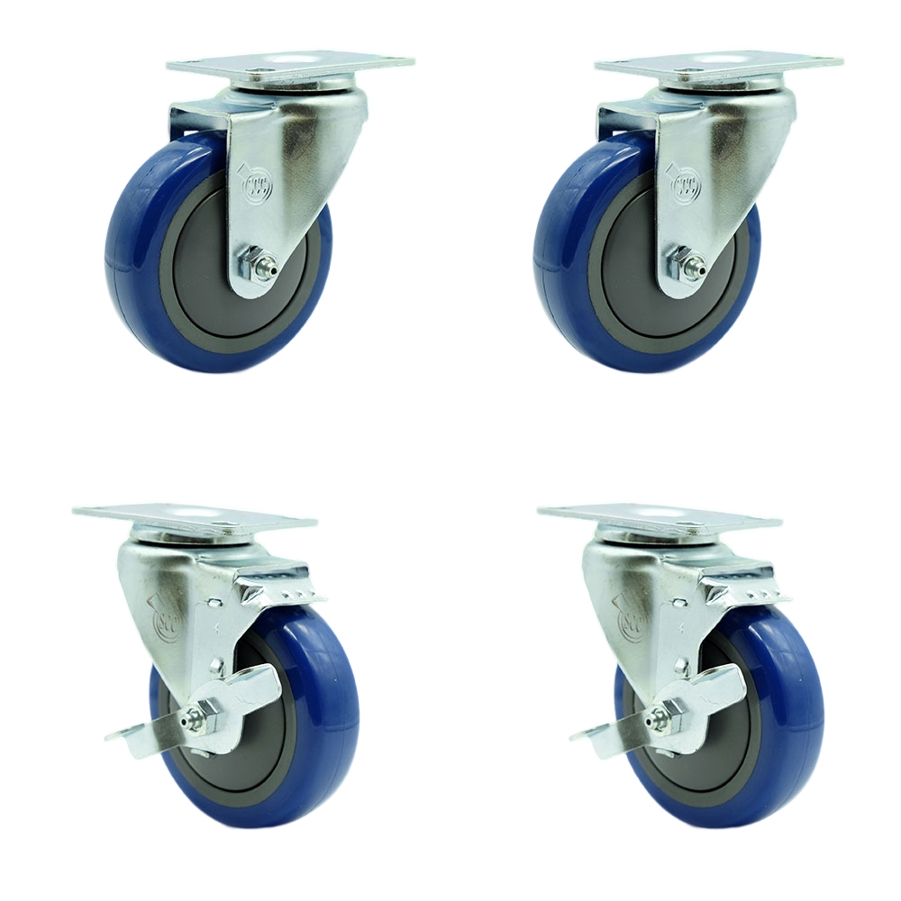 Swivel Caster Set of 4 with 2 Brakes - 4 Inch Blue Polyurethane Wheel – 350 lbs. Capacity Per Caster – 3-1/8 Inch x 4-1/8 Inch Overall Top Plate – Service Caster Brand — photo 1