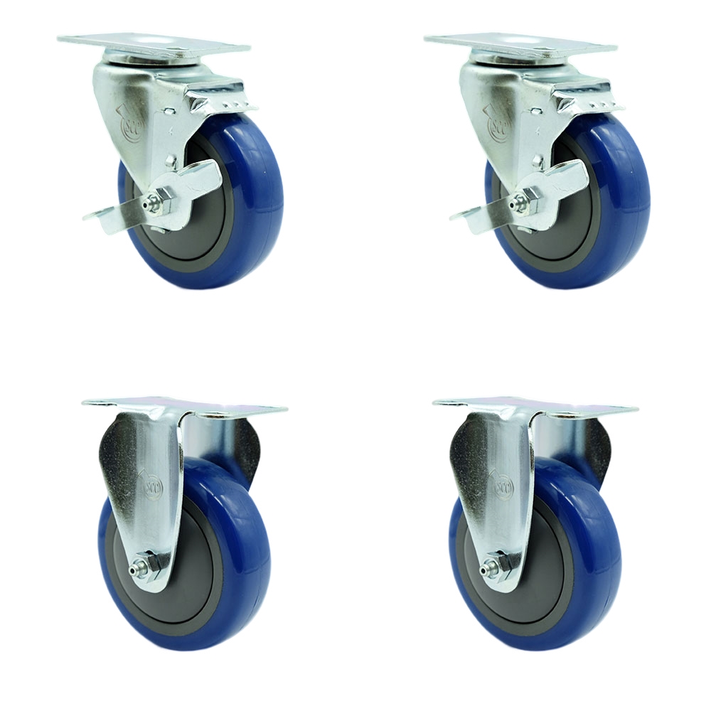 Swivel Caster Set of 4 with 2 Brakes and 2 Rigid - 4 Inch Blue Polyurethane Wheel – 350 lbs. Capacity Per Caster – 3-1/8 Inch x 4-1/8 Inch Overall Top Plate – Service Caster Brand — photo 1