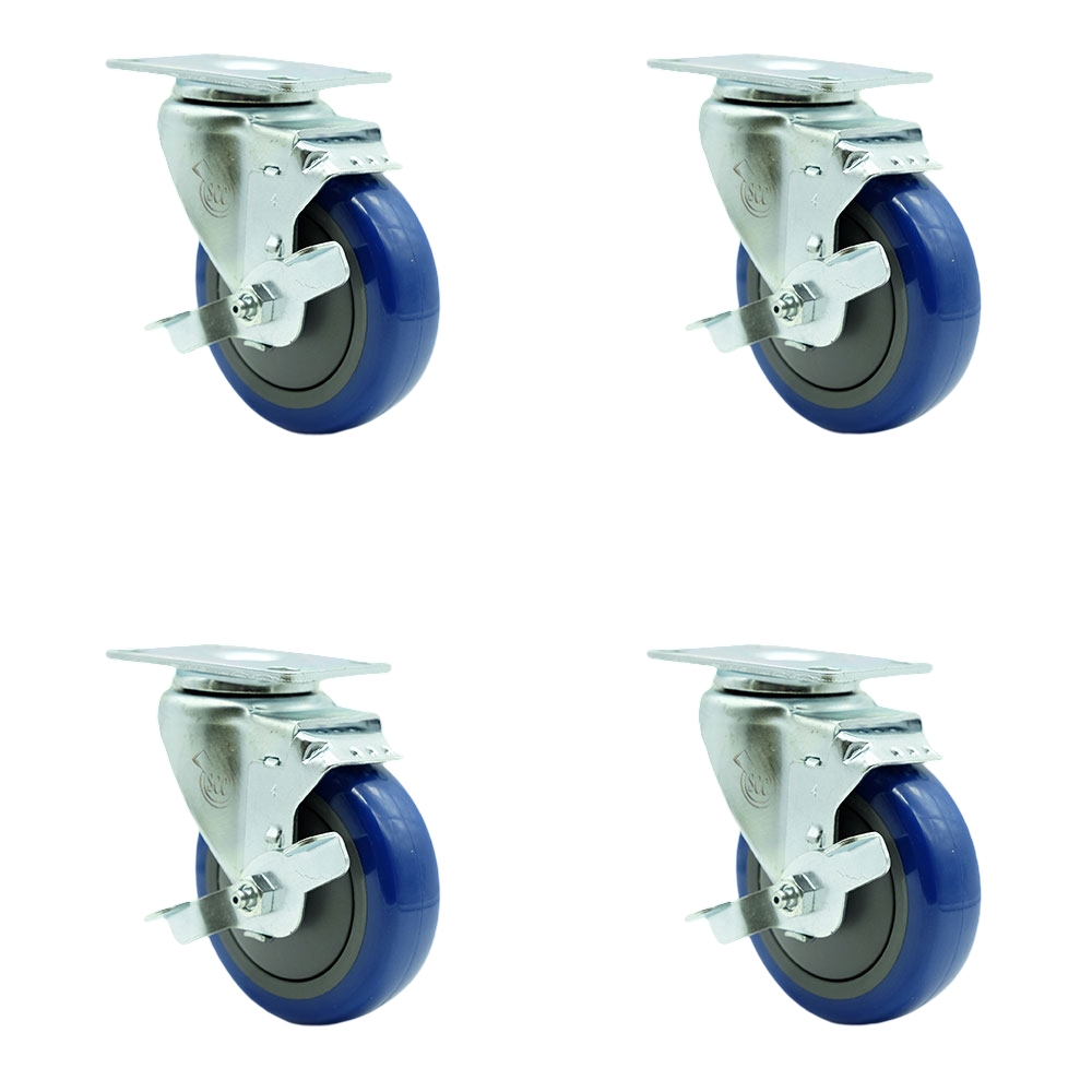 Regency 600CSW415WB U-Boat Utility Cart Replacement Caster Set – 4 Inch Blue Poly Wheel - Includes 4 Swivel Casters with Brakes - Set of 4 - Service Caster Brand — photo 1