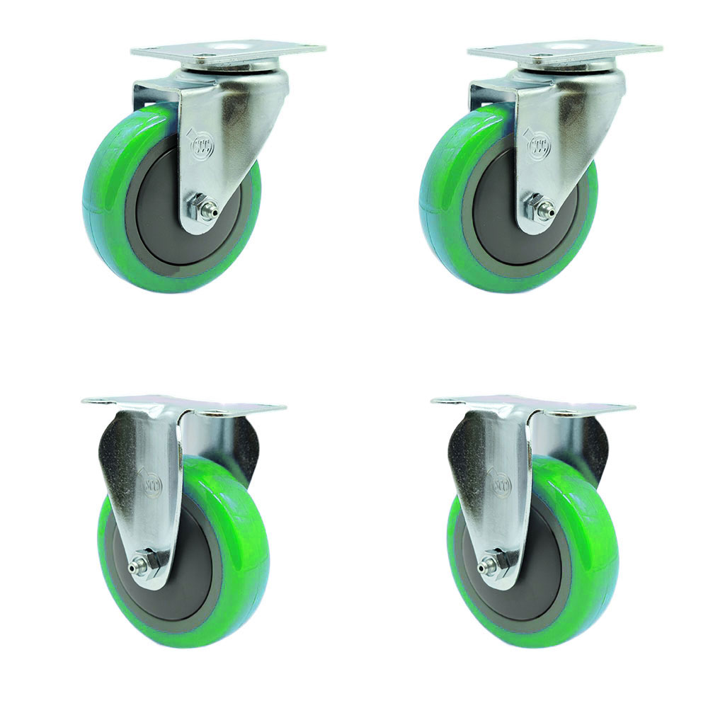 Polyurethane Swivel Top Plate Caster Set of 4 with 4 Inch Green Wheels - Includes 2 Swivel and 2 Rigid - 1400 lbs. Total Capacity - Service Caster Brand — photo 1