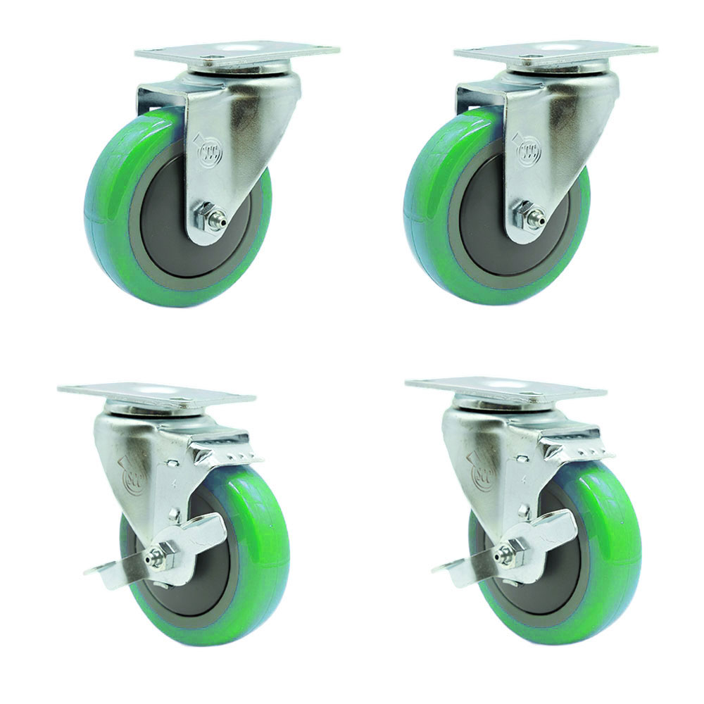Polyurethane Swivel Top Plate Caster Set of 4 with 4 Inch Green Wheels - Includes 2 Swivel with Top Locking Brakes and 2 Swivel - 1400 lbs. Total Capacity - Service Caster Brand — photo 1
